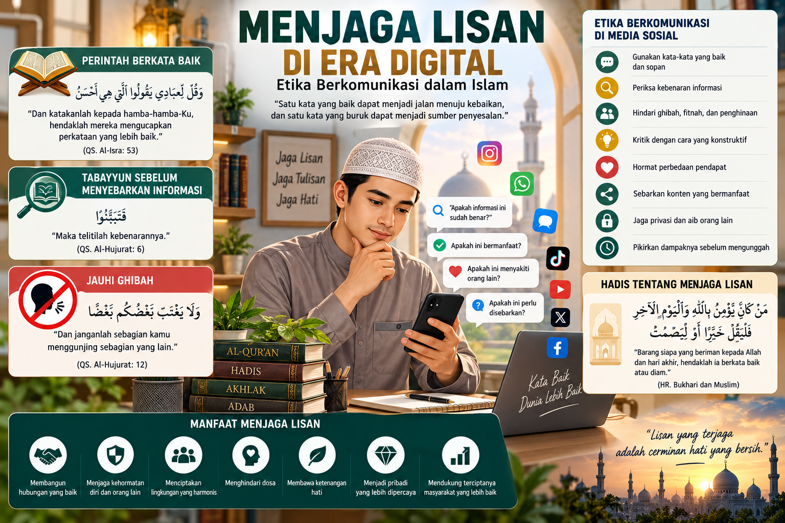 Ilustrasi menjaga lisan dalam Islam di era digital dengan seorang Muslim menggunakan media sosial secara bijak, memeriksa informasi sebelum membagikannya, dan menjaga etika komunikasi.