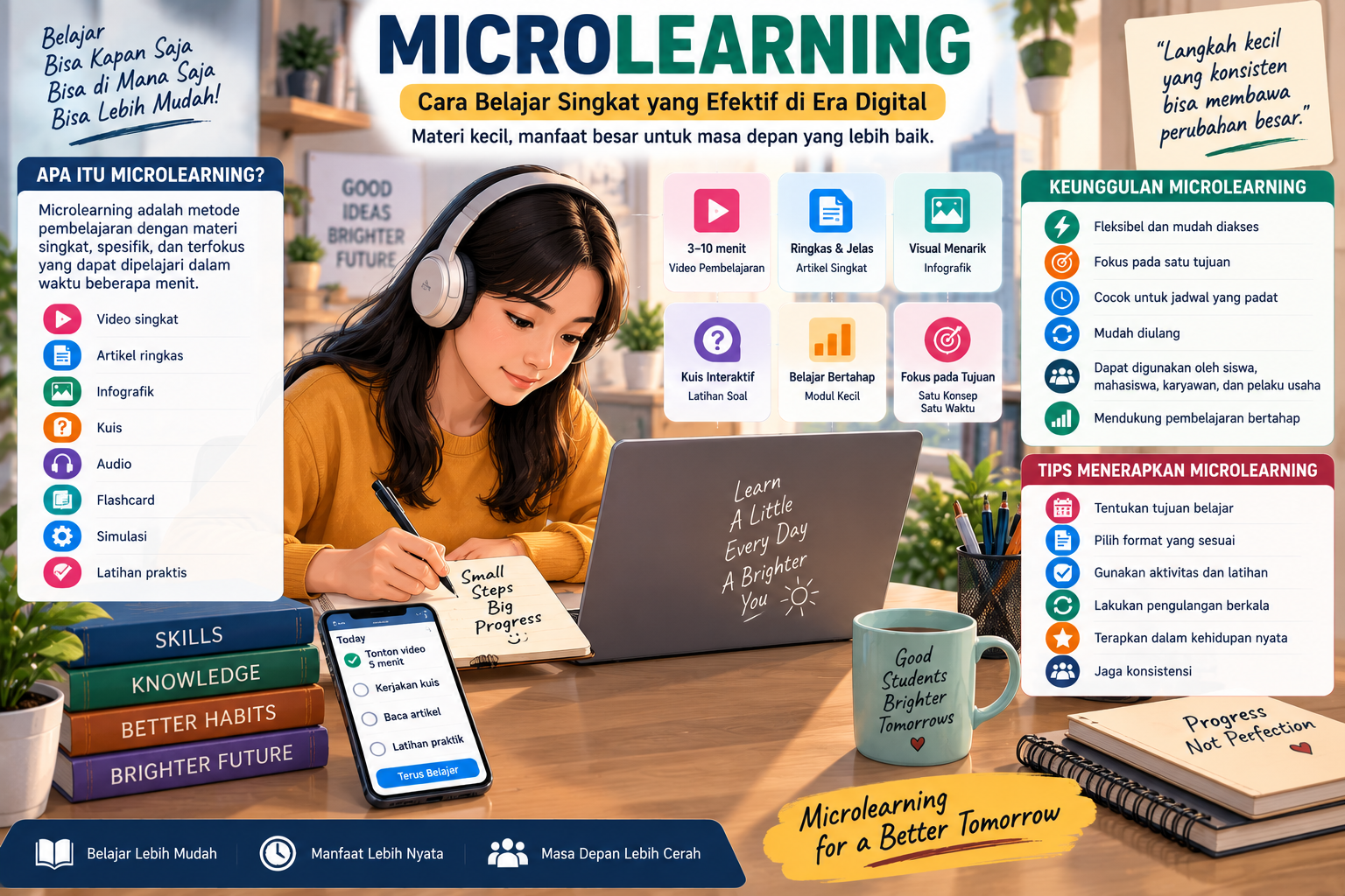 Ilustrasi microlearning dengan siswa belajar melalui materi digital singkat, video, kuis, dan mod