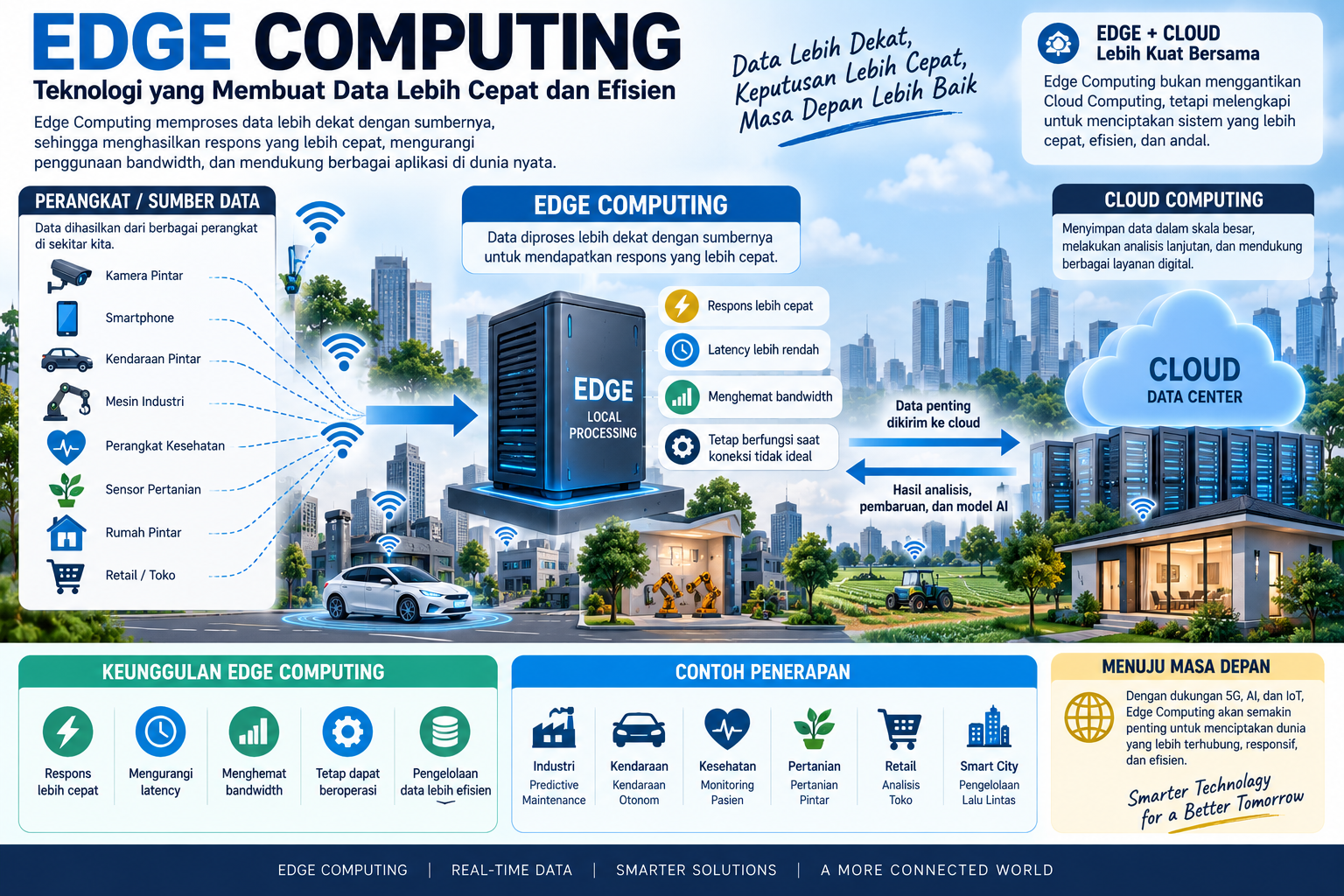 Ilustrasi Edge Computing yang menunjukkan perangkat IoT, edge server, jaringan, dan cloud bekerja bersama untuk memproses data secara cepat dan efisien.