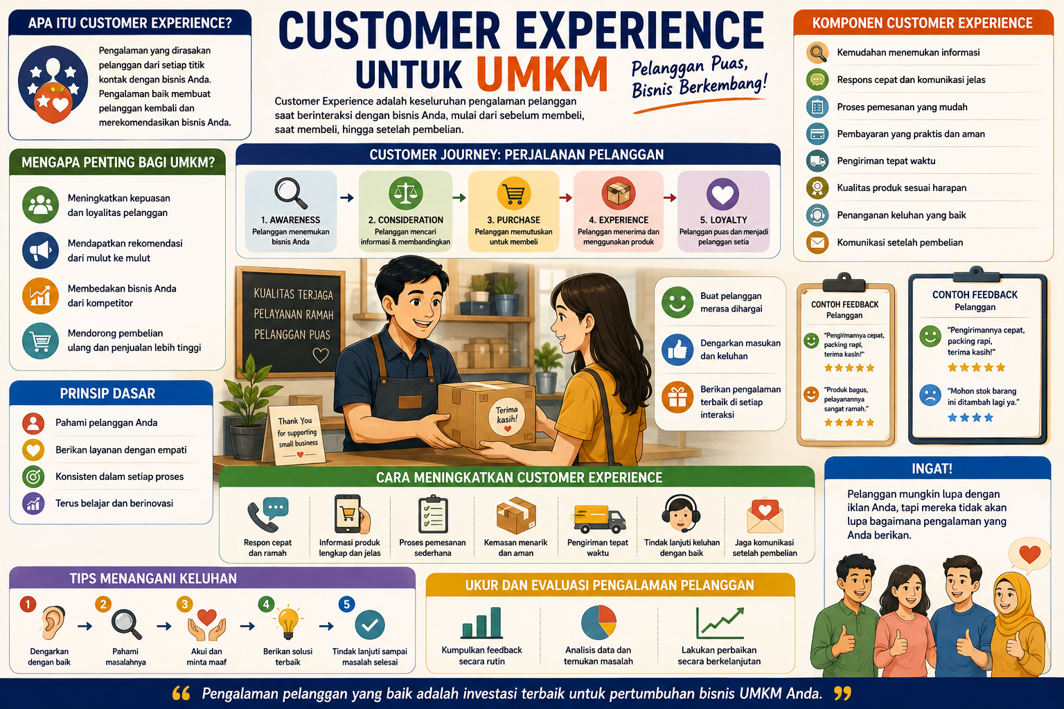 Ilustrasi strategi customer experience untuk UMKM yang menunjukkan perjalanan pelanggan dari menemukan produk, membeli, menerima layanan, memberikan feedback, hingga menjadi pelanggan loy