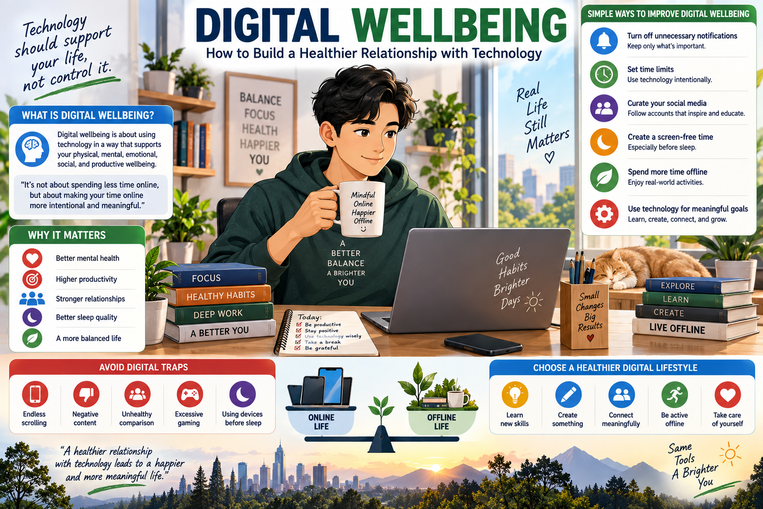 Digital wellbeing illustration showing a person balancing smartphone and computer use with work, learning, offline activities, and healthy daily habits.
