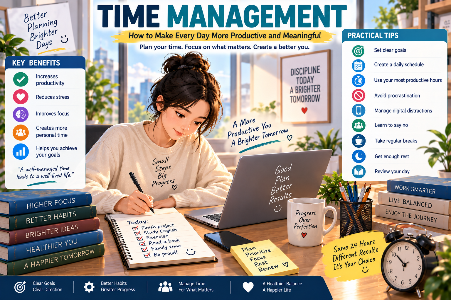 Illustration of time management strategies for productivity and a balanced daily life